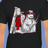 Black t-shirt with graphic design of the punisher and TMNT Raph in trench coat holding weapons 