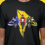 Super Sentai Inspired Zyuranger / power ranger T shirt featuring the 5 rangers on their battle bikes in front of lightning symbol